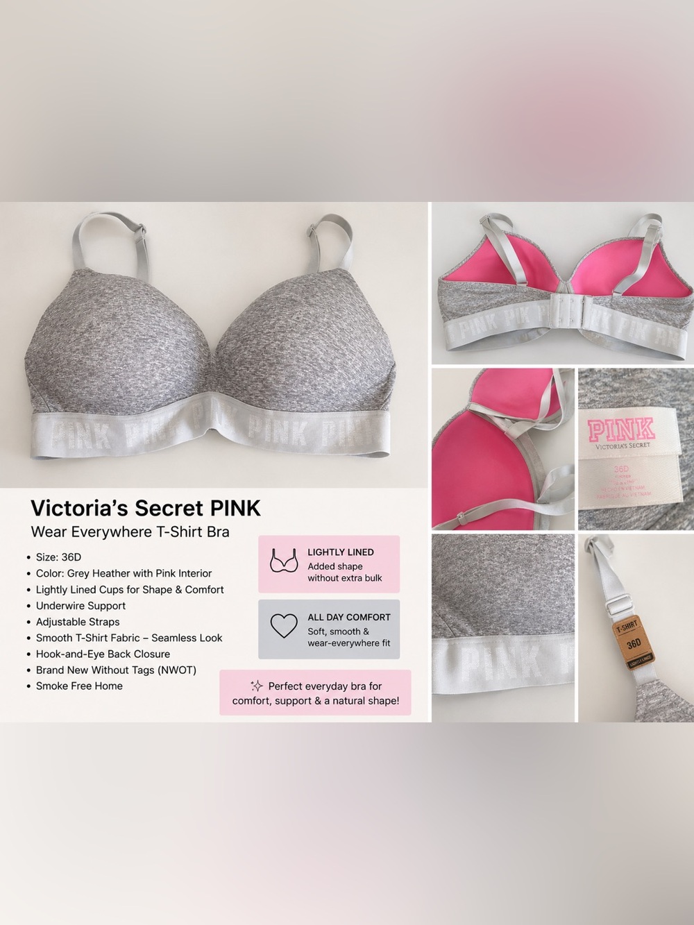 Victoria’s Secret PINK Wear Everywhere T-Shirt Bra 36D Gray Heather NWOT